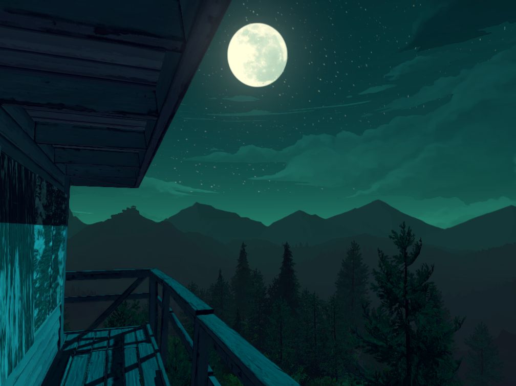 In-game footage of the stylized graphics showing a moonlit night and scenic forest and mountain vista from the top of the wooden firewatch tower.
