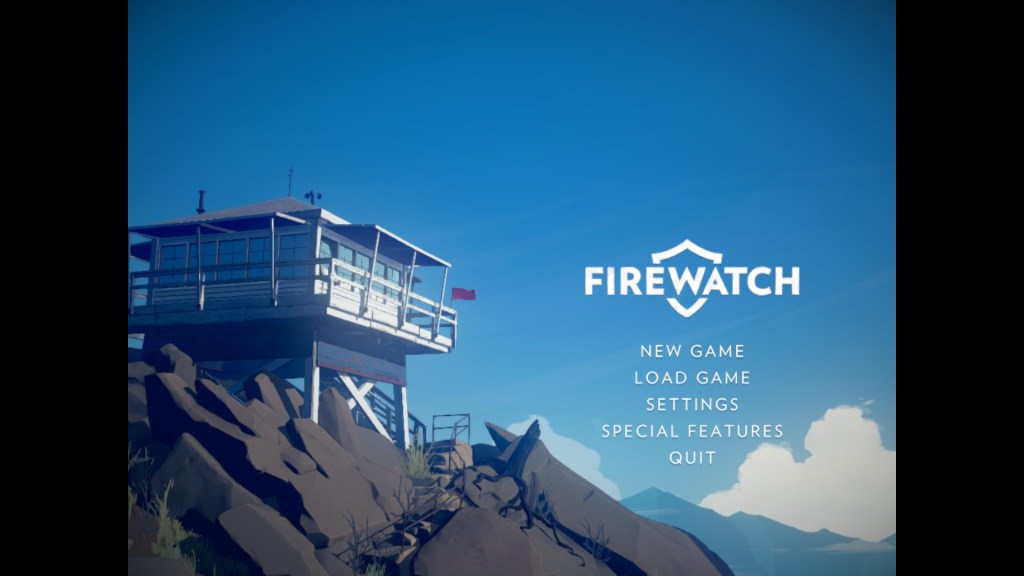 Game start screen with stylized graphics showing a firewatch tower with a blue sky in the background.