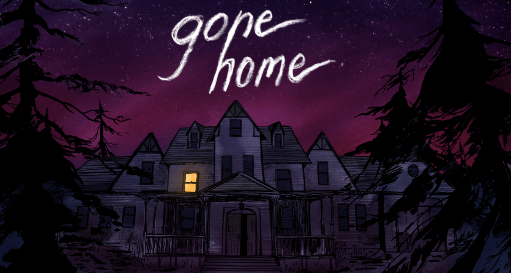 Title screen of Gone Home depicting an illustration of a large three story house in the woods, all lights off except for one.