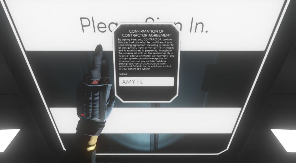 A sign in screen with the player character using sign language to enter her name visually.