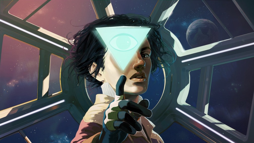 Logo-free promotional art for Tacoma, featuring Amitjyoti, the player character, reaching out to touch an upside down floating pyramid with an eye on it. The pyramid is between her and the viewer, so it covers one of her eyes.